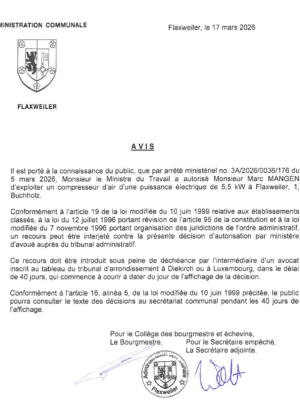 Autorisation concernant l'exploitation d'un compresseur d'air – Jean-Marc MANGEN – 3A/2026/0036/176