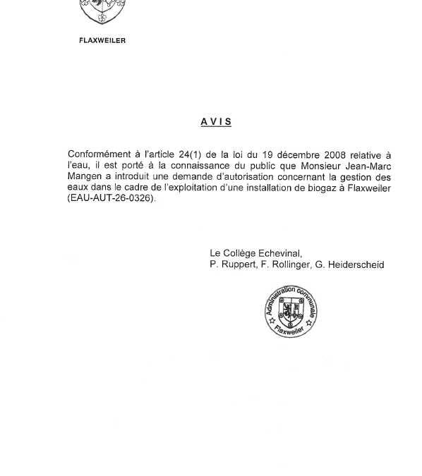 Demande d’autorisation relative à la gestion des eaux dans le cadre de l’exploitation d’une installation de biogaz à Flaxweiler – Monsieur Jean-Marc Mangen – EAU-AUT-26-0326