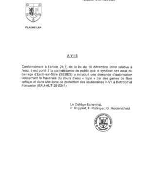 Demande d’autorisation relative à la traversée du cours d'eau « Syre » par des gaines de fibre optique et dans une zone de protection des souterraines II-V1 à Betzdorf et Flaxweiler – SEBES – EAU-AUT-26-0341