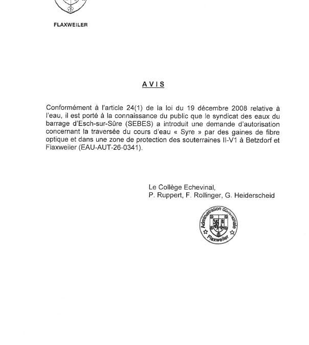 Demande d’autorisation relative à la traversée du cours d’eau « Syre » par des gaines de fibre optique et dans une zone de protection des souterraines II-V1 à Betzdorf et Flaxweiler – SEBES – EAU-AUT-26-0341