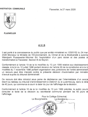 Autorisation concernant l'exploitation d'un parc éolien et des postes de transformation à Flaxweiler – Wandpark Fluessweiler-Wormer – 1/25/0152