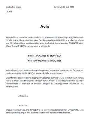 Avis - Syndicat de chasse - Lot 478