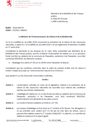 Autorisation – Ministère de l’Environnement, du Climat et de la Biodiversité – Ministère de la Mobilité et des Travaux publics – Réf.: 2026-000715