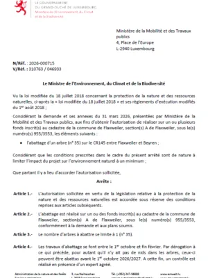 Autorisation – Ministère de l’Environnement, du Climat et de la Biodiversité – Ministère de la Mobilité et des Travaux publics – Réf.: 2026-000715