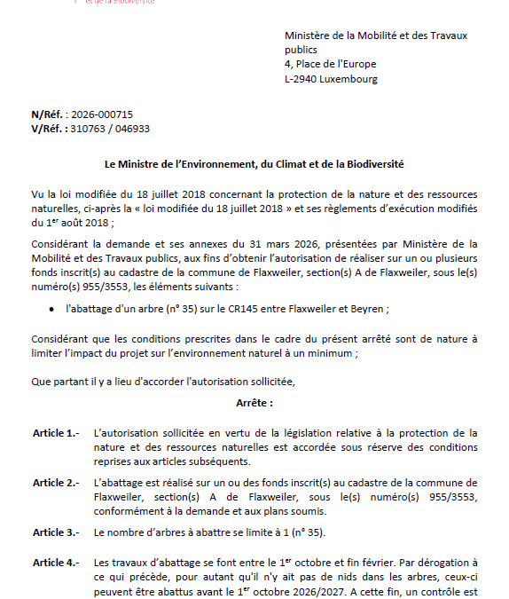 Autorisation – Ministère de l’Environnement, du Climat et de la Biodiversité – Ministère de la Mobilité et des Travaux publics – Réf.: 2026-000715