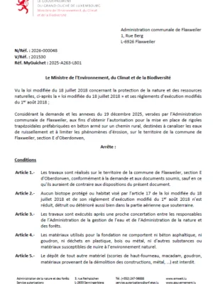 Autorisation – Ministère de l’Environnement, du Climat et de la Biodiversité – Administration communale de Flaxweiler – Réf.: 2026-000048