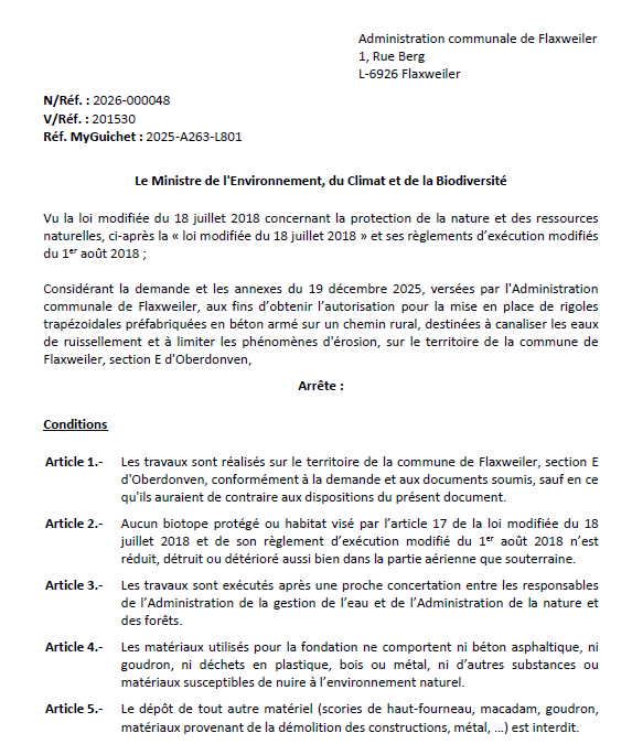 Autorisation – Ministère de l’Environnement, du Climat et de la Biodiversité – Administration communale de Flaxweiler – Réf.: 2026-000048