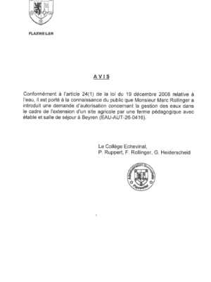 Demande d’autorisation relative à la gestion des eaux dans le cadre de l'extension d'un site agricole par une ferme pédagogique avec étable et salle de séjour à Beyren – Monsieur Marc Rollinger – EAU-AUT-26-0416
