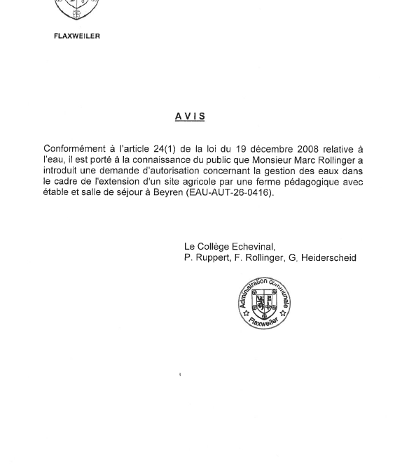 Demande d’autorisation relative à la gestion des eaux dans le cadre de l’extension d’un site agricole par une ferme pédagogique avec étable et salle de séjour à Beyren – Monsieur Marc Rollinger – EAU-AUT-26-0416