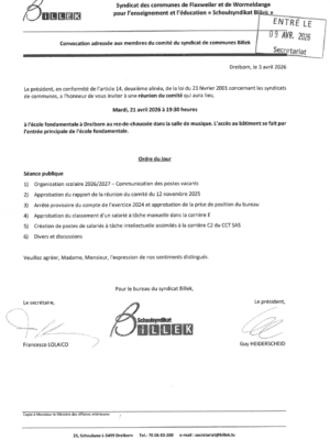 Convocation – Syndicat BILLEK – Réunion du comité – 21/04/2026