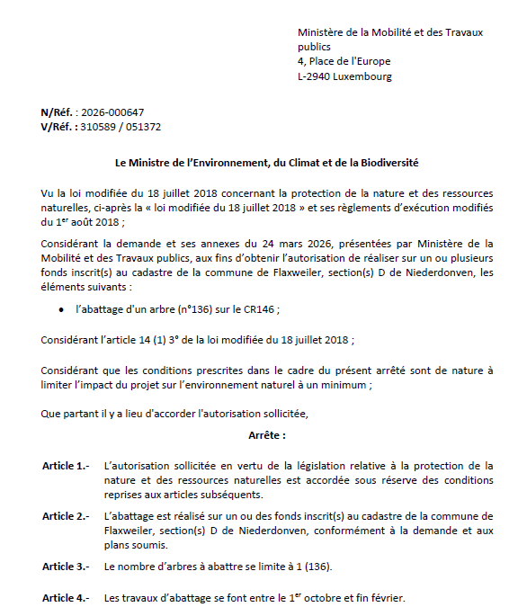 Autorisation – Ministère de l’Environnement, du Climat et de la Biodiversité – Ministère de la Mobilité et des Travaux publics – Réf.: 2026-000647