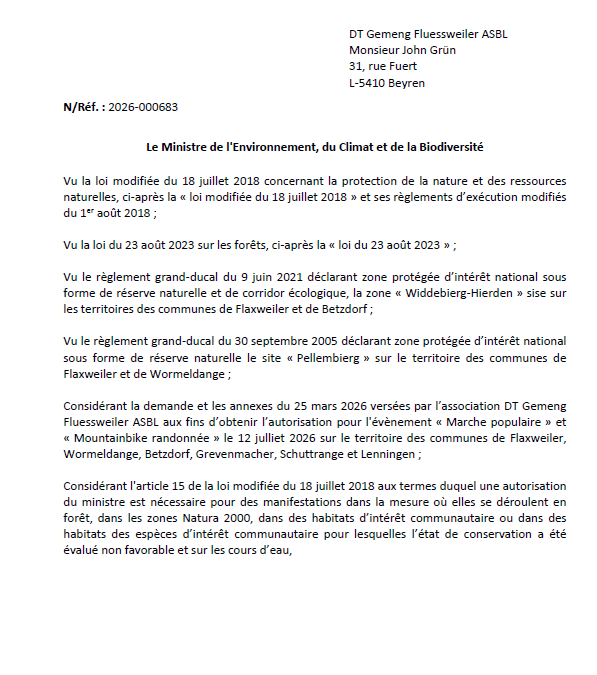 Autorisation – Ministère de l’Environnement, du Climat et de la Biodiversité – DT Gemeng Fluessweiler Asbl – Réf.: 2026-000683