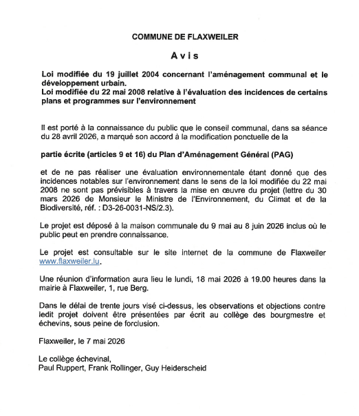 Avis sur la modification ponctuelle de la partie écrite du Plan d’Aménagement Général (PAG)