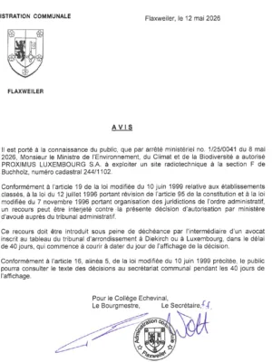 Autorisation concernant l’exploitation d’un site radiotechnique au Buchholz, Flaxweiler – Proximus Luxembourg S.A. – 1/25/0041