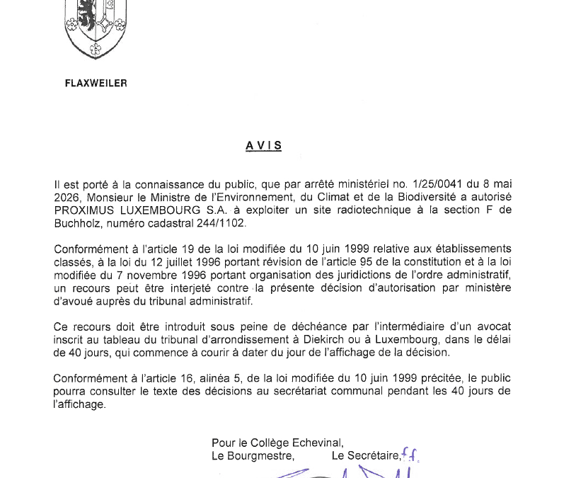 Autorisation concernant l’exploitation d’un site radiotechnique au Buchholz, Flaxweiler – Proximus Luxembourg S.A. – 1/25/0041