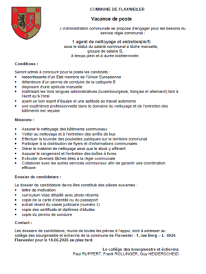 Vacance de poste – 1 Agent de nettoyage et entretien (m/f) sous le statut du salarié communal à tâche manuelle, groupe de salaire B