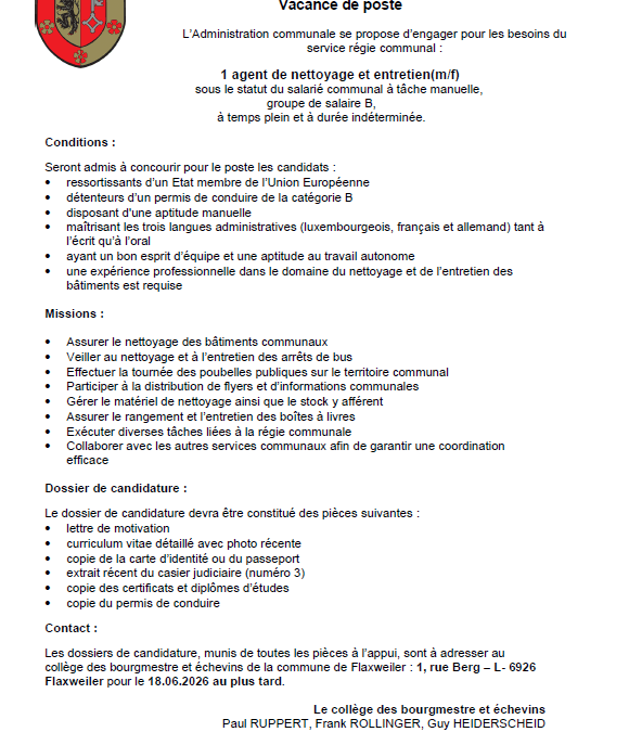 Vacance de poste – 1 Agent de nettoyage et entretien (m/f) sous le statut du salarié communal à tâche manuelle, groupe de salaire B