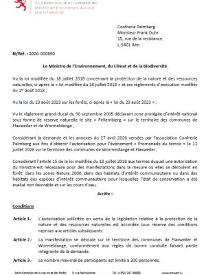 Autorisation – Ministère de l’Environnement, du Climat et de la Biodiversité – Confrerie Palmberg – Réf.: 2026-000890