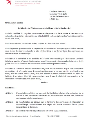 Autorisation – Ministère de l’Environnement, du Climat et de la Biodiversité – Confrerie Palmberg – Réf.: 2026-000890