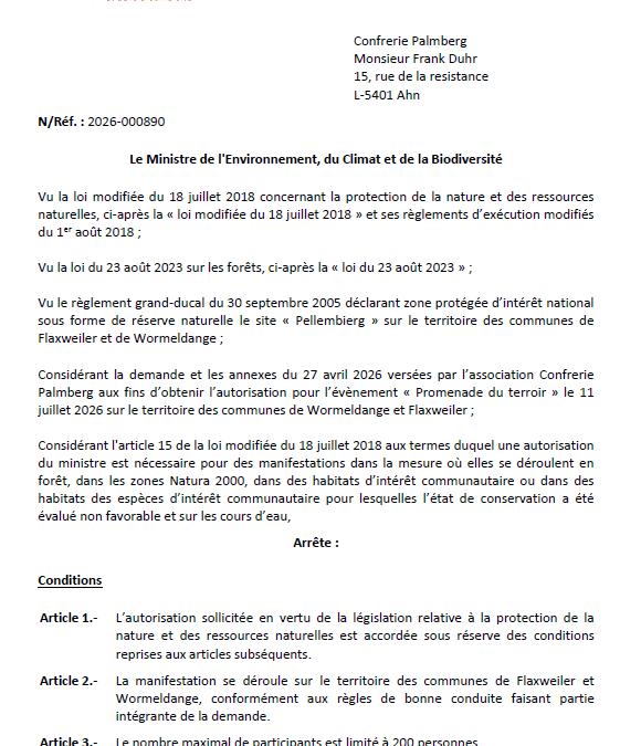 Autorisation – Ministère de l’Environnement, du Climat et de la Biodiversité – Confrerie Palmberg – Réf.: 2026-000890