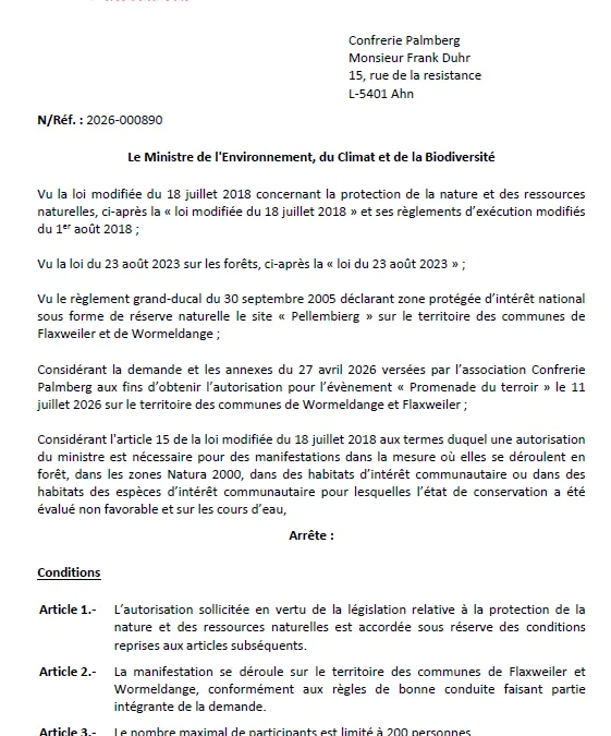 Autorisation – Ministère de l’Environnement, du Climat et de la Biodiversité – Confrerie Palmberg – Réf.: 2026-000890