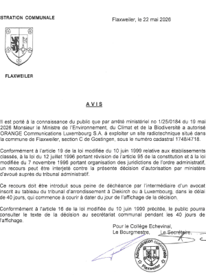 Autorisation concernant l’exploitation d’un site radiotechnique situé à Gostingen – ORANGE Communications Luxembourg S.A. – 1/25/0184