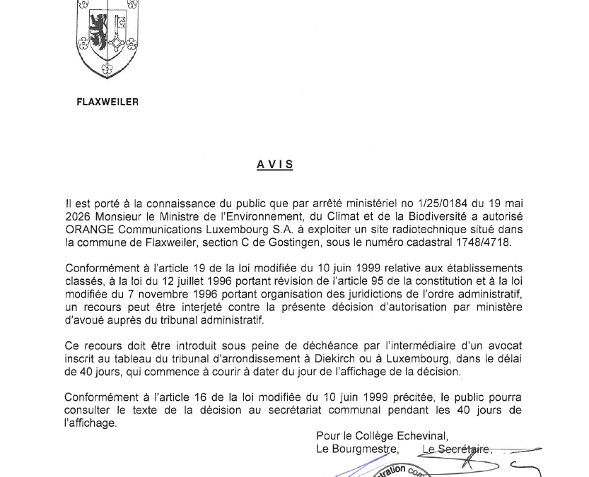 Autorisation concernant l’exploitation d’un site radiotechnique situé à Gostingen – ORANGE Communications Luxembourg S.A. – 1/25/0184