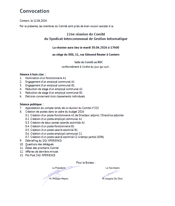 Convocation – SIGI – 226e Réunion du comité – 30.06.2026