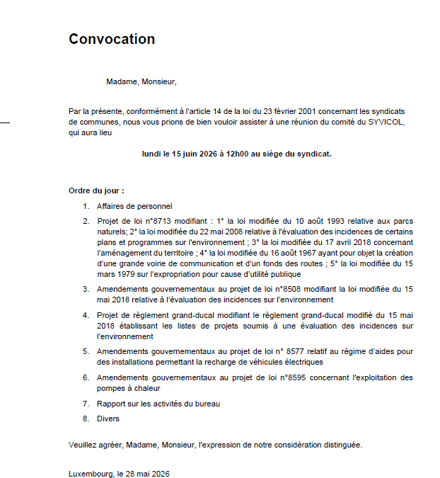 Convocation – SYVICOL – Réunion du comité – 15/06/2026