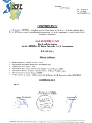 Convocation – SIDERE – Réunion du comité – 18/06/2026