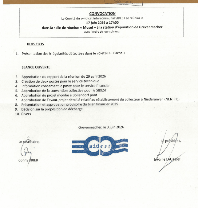 Convocation – SIDEST – Réunion du comité – 17/06/2026