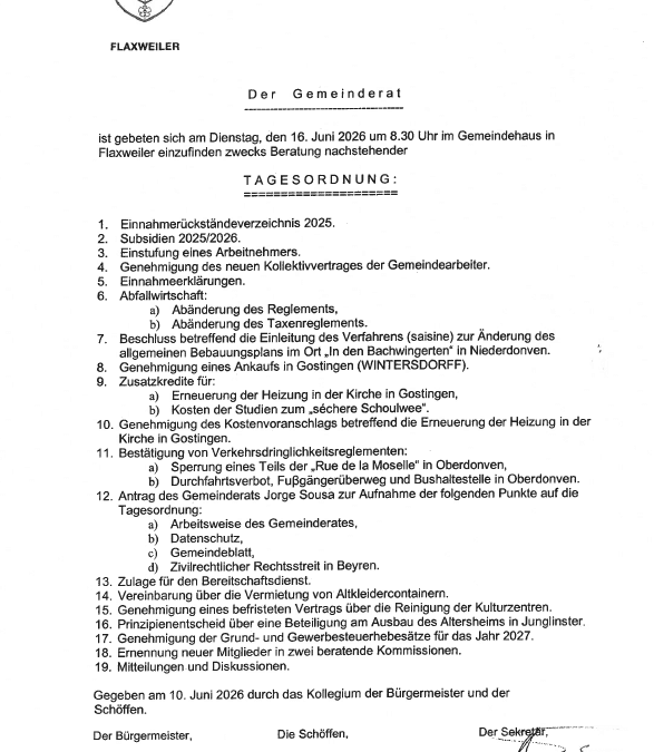 Tagesordnung der Gemeinderatssitzung – 16/06/2026
