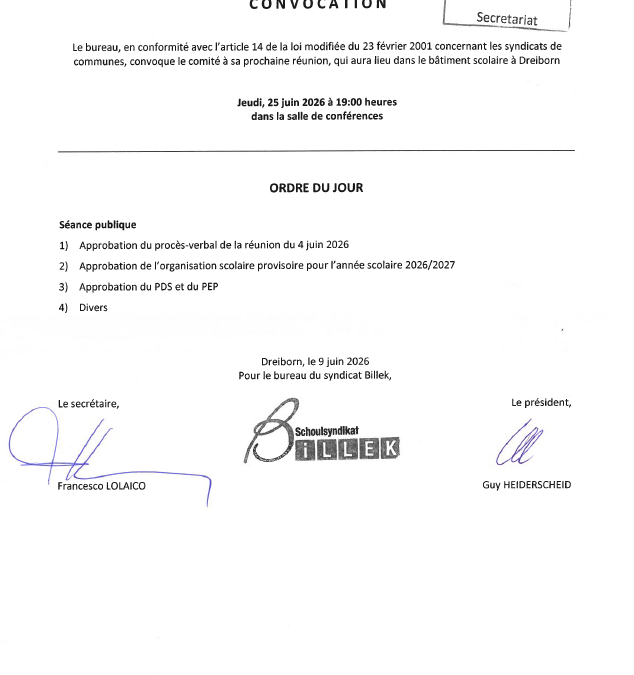 Convocation – Schoulsyndikat BILLEK – Réunion du comité – 25/06/2026