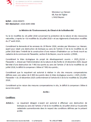 Autorisation – Ministère de l’Environnement, du Climat et de la Biodiversité – Monsieur Luc Hansen – Réf.: 2026-000473