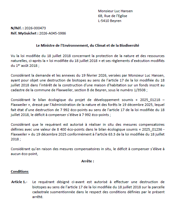 Autorisation – Ministère de l’Environnement, du Climat et de la Biodiversité – Monsieur Luc Hansen – Réf.: 2026-000473