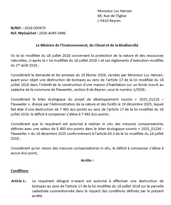 Autorisation – Ministère de l’Environnement, du Climat et de la Biodiversité – Monsieur Luc Hansen – Réf.: 2026-000473