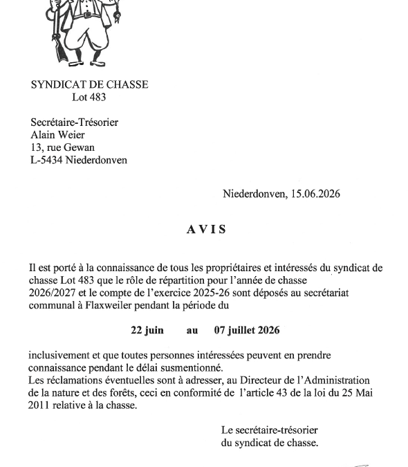 Avis – Syndicat de chasse – Lot 483