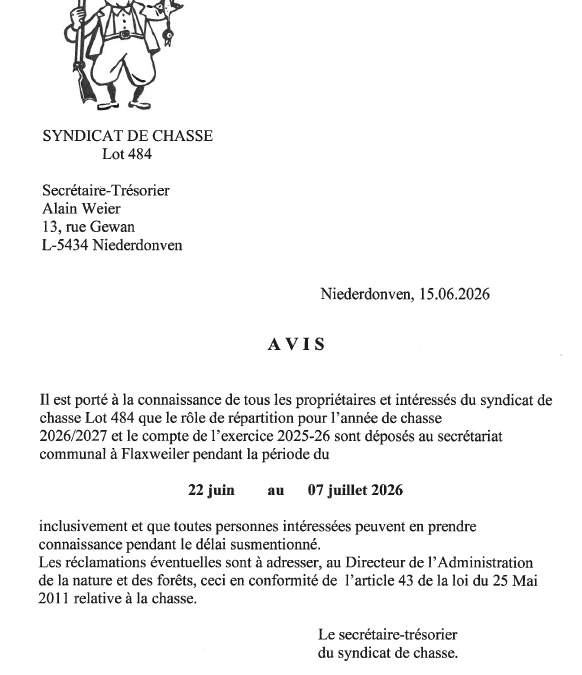 Avis – Syndicat de chasse – Lot 484