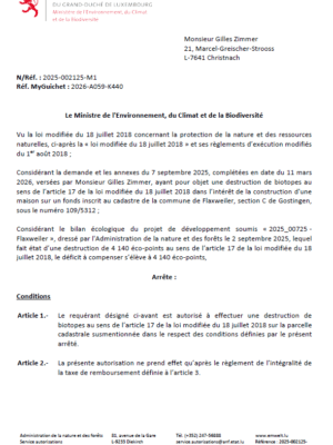 Autorisation – Ministère de l’Environnement, du Climat et de la Biodiversité – Monsieur Gilles Zimmer – Réf.: 2025-002125-M1