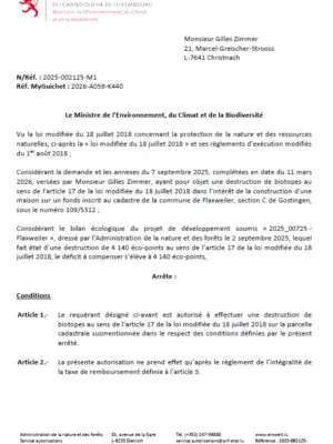 Autorisation – Ministère de l’Environnement, du Climat et de la Biodiversité – Monsieur Gilles Zimmer – Réf.: 2025-002125-M1