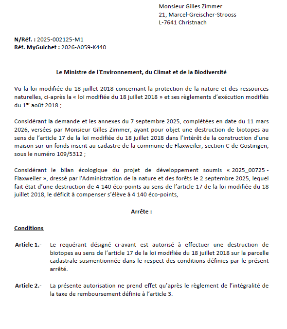 Autorisation – Ministère de l’Environnement, du Climat et de la Biodiversité – Monsieur Gilles Zimmer – Réf.: 2025-002125-M1