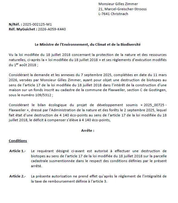 Autorisation – Ministère de l’Environnement, du Climat et de la Biodiversité – Monsieur Gilles Zimmer – Réf.: 2025-002125-M1