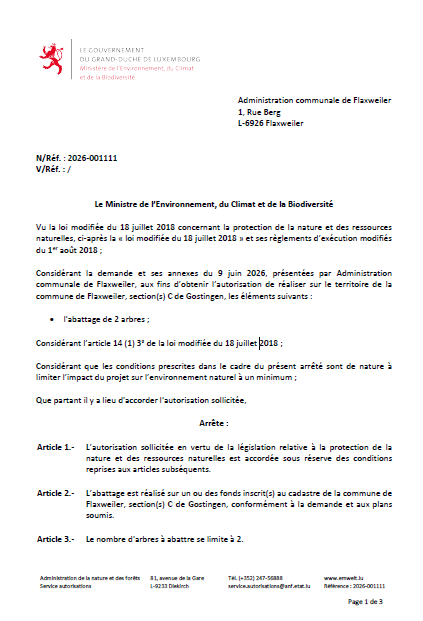 Autorisation – Ministère de l’Environnement, du Climat et de la Biodiversité – Administration Communale de Flaxweiler– Réf.: 2026-001111