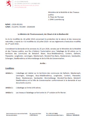 Autorisation – Ministère de l’Environnement, du Climat et de la Biodiversité – Ministère de la Mobilité et des Travaux publics – Réf.: 2026-001261