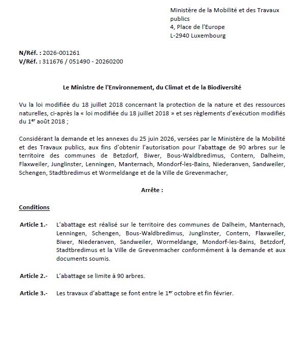 Autorisation – Ministère de l’Environnement, du Climat et de la Biodiversité – Ministère de la Mobilité et des Travaux publics – Réf.: 2026-001261
