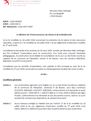 Autorisation – Ministère de l’Environnement, du Climat et de la Biodiversité – Monsieur Marc Rollinger – Réf.: 2026-000879