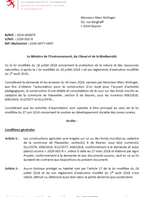 Autorisation – Ministère de l’Environnement, du Climat et de la Biodiversité – Monsieur Marc Rollinger – Réf.: 2026-000879