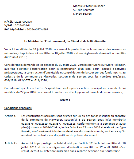 Autorisation – Ministère de l’Environnement, du Climat et de la Biodiversité – Monsieur Marc Rollinger – Réf.: 2026-000879