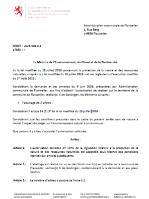 Autorisation – Ministère de l’Environnement, du Climat et de la Biodiversité – Administration Communale de Flaxweiler– Réf.: 2026-001111