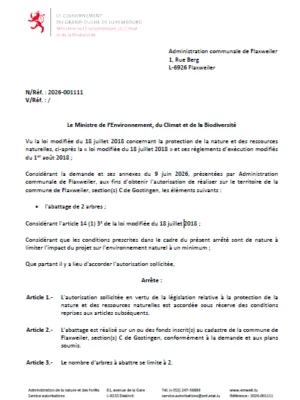 Autorisation – Ministère de l’Environnement, du Climat et de la Biodiversité – Administration Communale de Flaxweiler– Réf.: 2026-001111